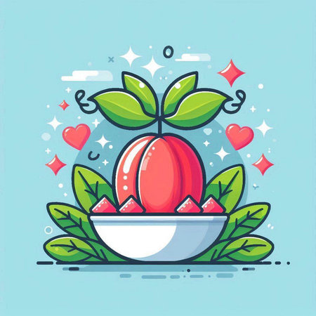 Peach in bowl with leafs and hearts. Vector illustration.のイラスト素材