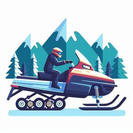 Snowmobiling in the forest. Vector illustration in cartoon style.のイラスト素材