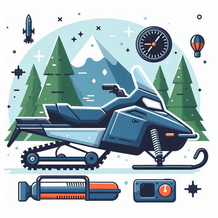 Vector illustration of a snowmobile in the mountains. Flat style.のイラスト素材