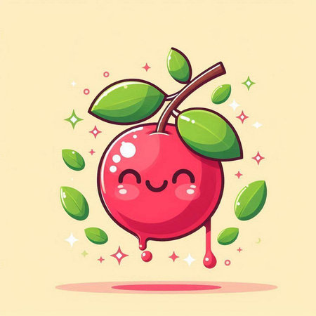 Cute cherry character with green leaves. Vector flat cartoon illustration.のイラスト素材