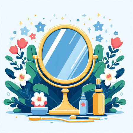 Vector illustration of a woman's hand mirror, cosmetics and flowers.のイラスト素材