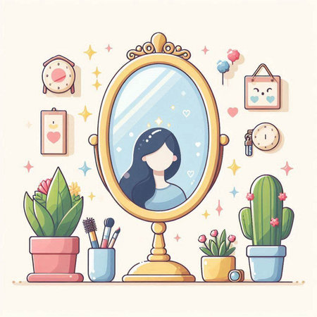Vector illustration of a girl in front of a mirror with different iconsのイラスト素材