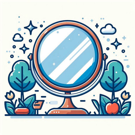 Vector illustration of a mirror in the park with trees and plants.のイラスト素材