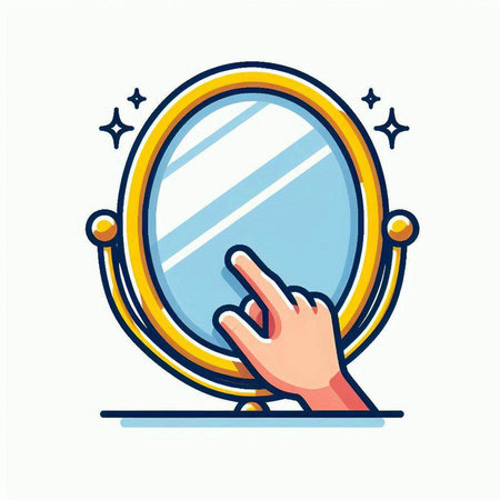 Vector illustration of a hand pointing at a mirror. Flat style.のイラスト素材