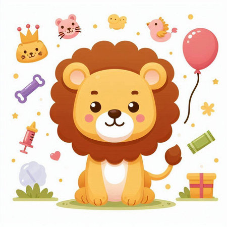 Cute cartoon lion with a gift and balloons. Vector illustration.のイラスト素材