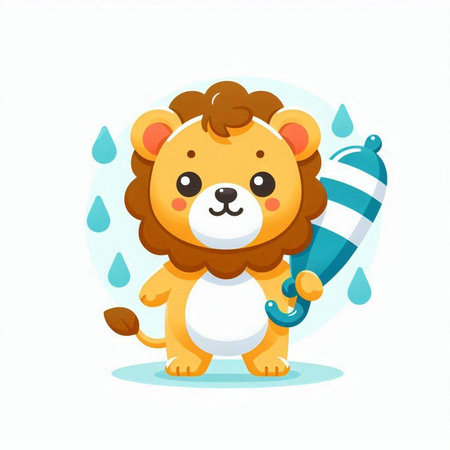 Cute cartoon lion with umbrella and water drops. Vector illustration.のイラスト素材