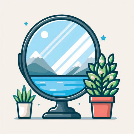 Vector illustration of a round mirror with a reflection of mountains in a pot.のイラスト素材