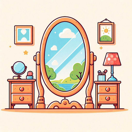 Vector illustration of a mirror in the room with a view of the lakeのイラスト素材