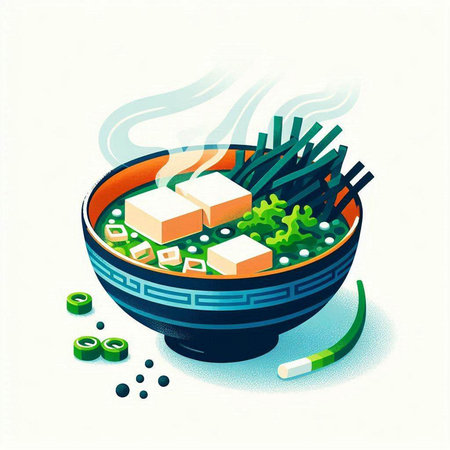 Bowl of soup with tofu and chopsticks. Vector illustration.のイラスト素材