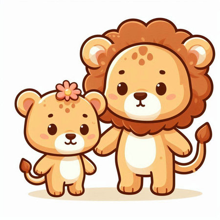 Cute cartoon lion and lioness on white background. Vector illustrationのイラスト素材
