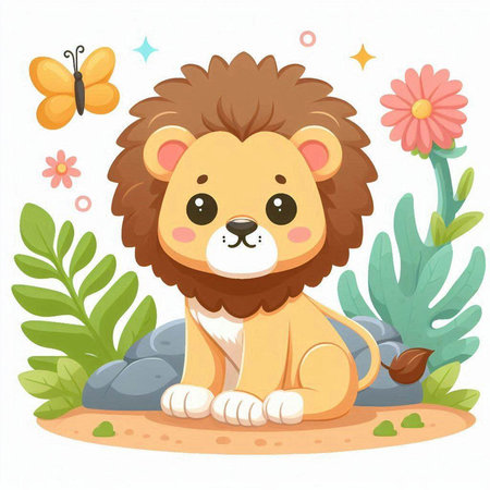 Cute cartoon lion sitting on the ground with flowers. Vector illustration.のイラスト素材