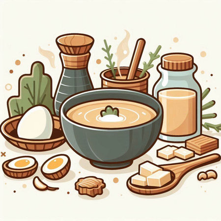 Vector illustration of a bowl of miso soup with ingredients for cookingのイラスト素材