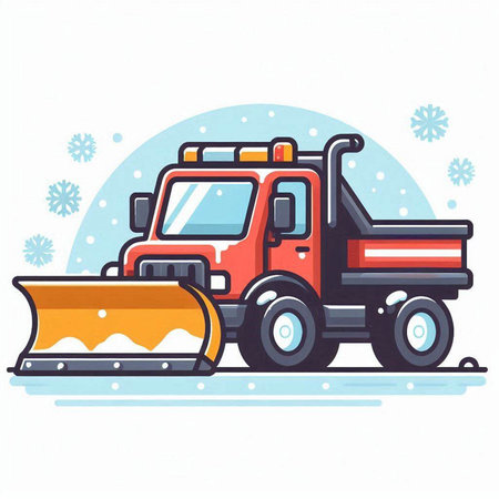 Snow plow. Vector illustration of a snowplow and snowflakes.のイラスト素材