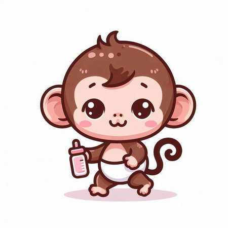 Cute cartoon baby monkey with bottle of milk. Vector illustration.のイラスト素材