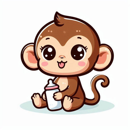 Cute baby monkey with milk bottle. Vector illustration in cartoon styleのイラスト素材