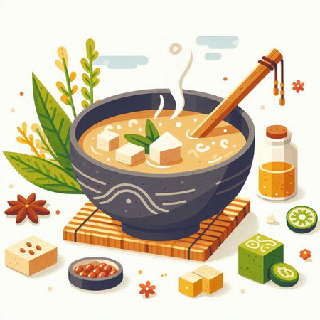 Japanese miso soup in a bowl. Japanese cuisine. Vector illustrationのイラスト素材
