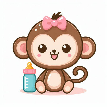 Cute cartoon monkey with a bottle of milk. Vector illustration.のイラスト素材