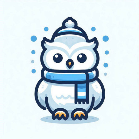 Cute cartoon owl in a winter hat, scarf and mittensのイラスト素材