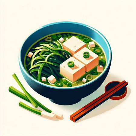 Illustration of a bowl of miso soup with tofu and gingerのイラスト素材