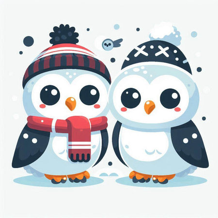 Cute penguins in winter hats and scarves. Vector illustration.のイラスト素材
