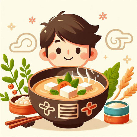 Illustration of a boy in a pot of miso soup.のイラスト素材