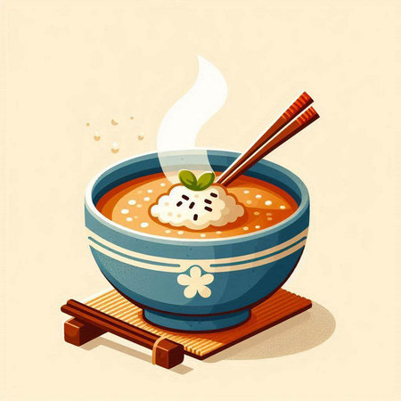 Japanese miso soup in a bowl with chopsticks. Vector illustration.のイラスト素材
