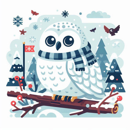 Snowy owl in the winter forest. Vector illustration in flat style.のイラスト素材