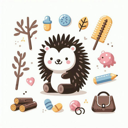 Cute cartoon hedgehog with different accessories. Vector illustration on white background.のイラスト素材