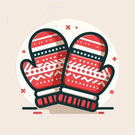 Christmas mittens with red pattern on light background. Vector illustration.のイラスト素材