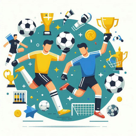 Soccer players with balls and trophy cup. Flat style vector illustration.のイラスト素材