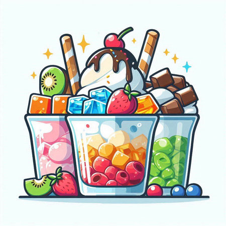 Ice cream in a glass with fruits and berries. Vector illustration.のイラスト素材