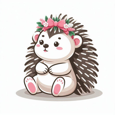 Cute cartoon hedgehog with flower wreath. Vector illustration.のイラスト素材