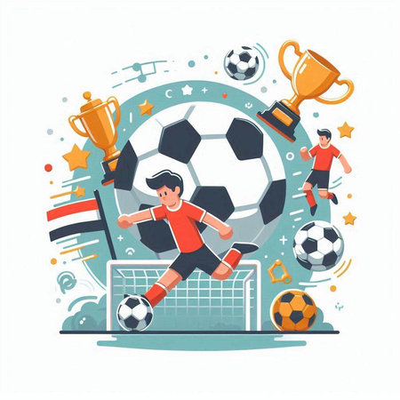 Soccer players with ball and trophy. Flat style vector illustration.のイラスト素材
