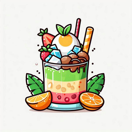 Cocktail in a glass with ice cream and fruits. Vector illustration.のイラスト素材