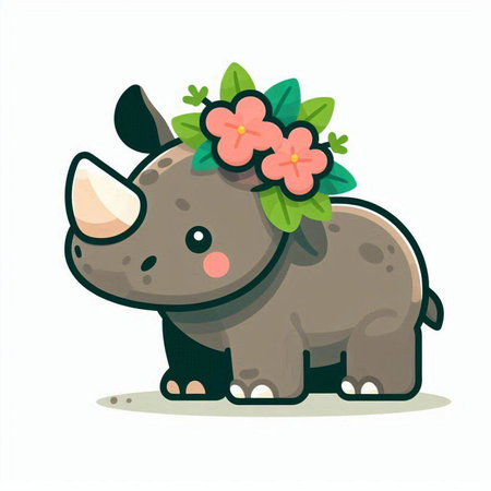 Cute rhinoceros with flowers in her hair. Vector illustration.のイラスト素材