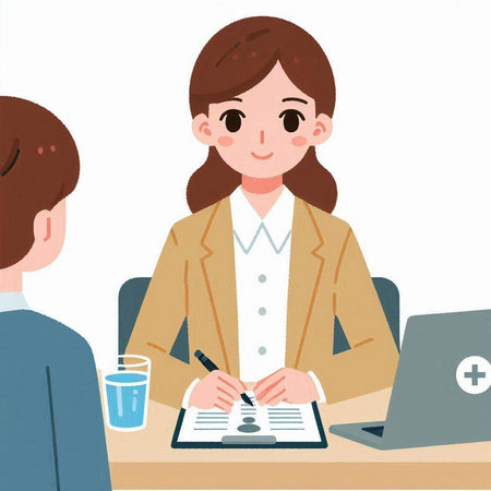 Illustration of a young woman in a job interview with a doctorのイラスト素材