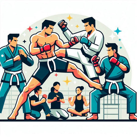 Vector illustration of a group of kickboxers fighting in the ringのイラスト素材