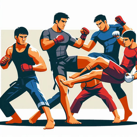 Martial arts fighters. Martial arts fighters in action. Vector illustrationのイラスト素材