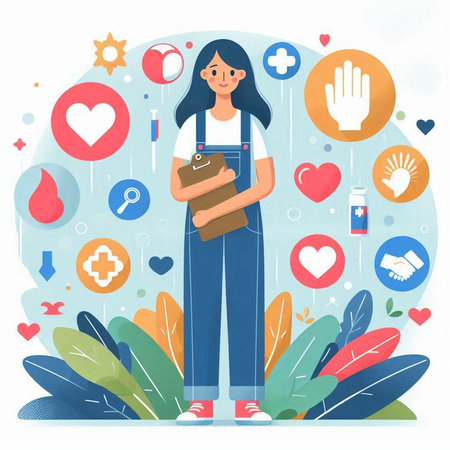 Flat design vector illustration concept of health care and medicine. Young woman with first aid kit.のイラスト素材