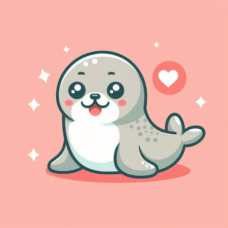 Cute seal with heart. Vector illustration on pink background. Cartoon style.のイラスト素材