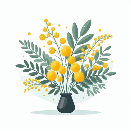 Bouquet of mimosa flowers in vase. Vector illustration.のイラスト素材