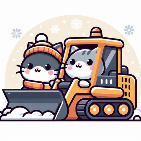 Cute cat and dog in snow plow. Vector illustration.のイラスト素材