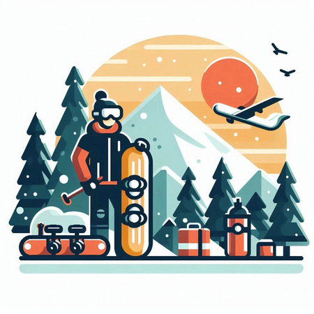 Snowboarder in the mountains. Flat style. Vector illustration.のイラスト素材