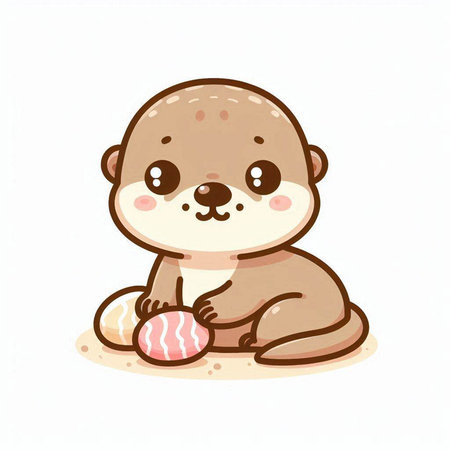 Cute baby otter sitting on the sand. Vector illustration.のイラスト素材