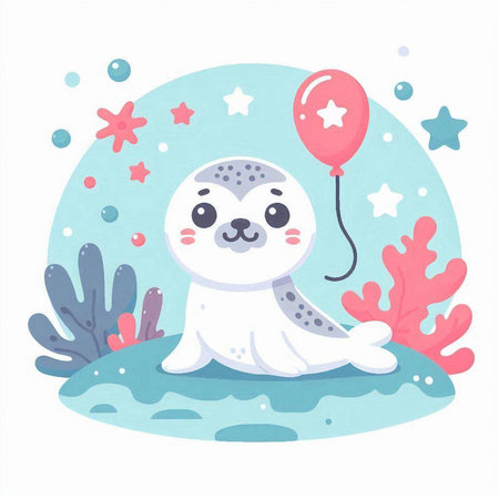 Cute seal with balloon. Vector illustration in a flat style.のイラスト素材