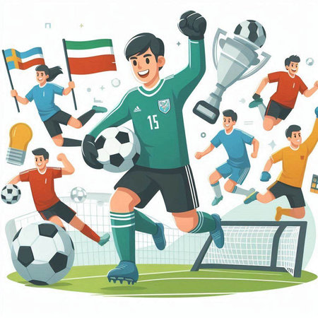 Cartoon soccer players with ball, goal and trophy. Vector illustrationのイラスト素材