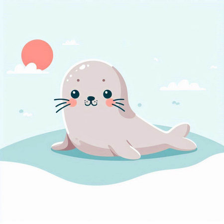 Cute baby seal on the beach. Vector illustration in flat styleのイラスト素材