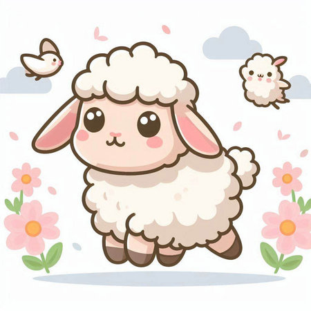 Cute sheep with flowers and birds on white background. Vector illustration.のイラスト素材