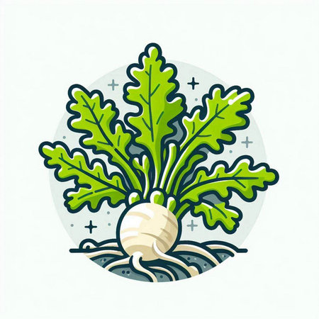 Vector illustration of fresh turnip with roots and leaves in a circle.のイラスト素材
