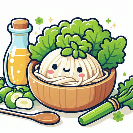 Illustration of a bowl of rice noodle with vegetable and juiceのイラスト素材